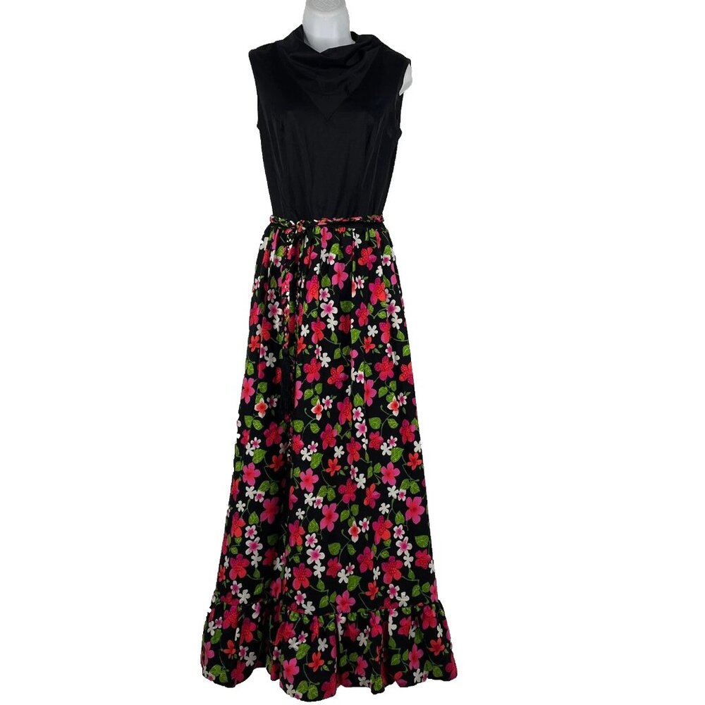 Vintage 60s Julie Miller Maxi Hostess Dress Size S Black Pink Floral Cowl Neck